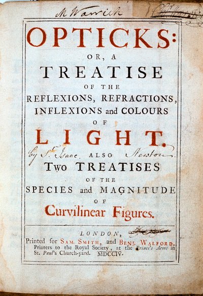 Title Page of Opticks by English Scientist and Mathematician Isaac Newton by Unbekannt