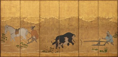 Two farmers ploughing and harrowing a rice field by Unbekannt