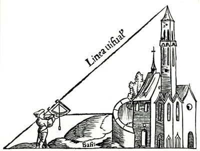 Using a quadrant with a plumb bob to calculate the height of a tower by triangulation by Unbekannt