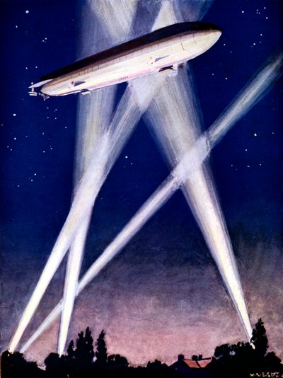 Zeppelin airship caught in searchlights during a bombing raid over England, 1916 by Unbekannt