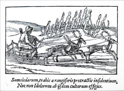 A sledge being pulled by reindeer in Northern Siberia by Unbekannt