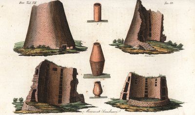 Ancient Viking monuments from a German province close to Scandinavia, and some urns taken from Danish and Swedish tombs. Handcoloured copperplate engraving by Giarre and Stanghi from Giulio Ferrario