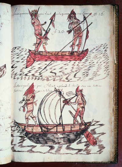 Boats of Indians, page from Codex Canadensis, manuscript on parchment by Louis Nicolas, France by William M. Timlin