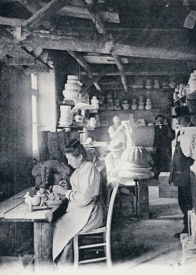 Craftsmen at work making Vallauris art pottery, circa 1900, postcard, France by William M. Timlin