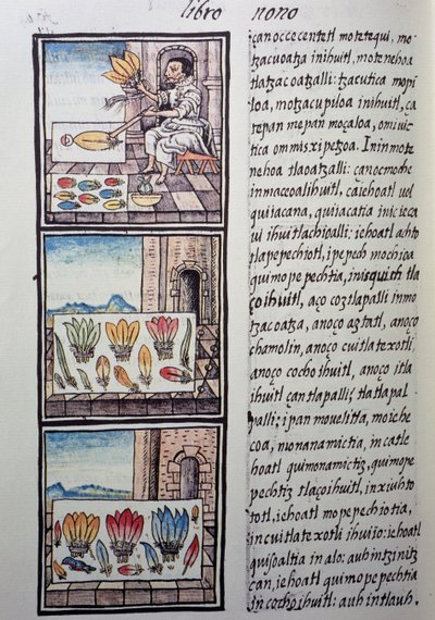 Feather processing after the Spanish conquest, page from Florentine Codex, General History of Things of New Spain, by Fray Bernardino de Sahagun by William M. Timlin