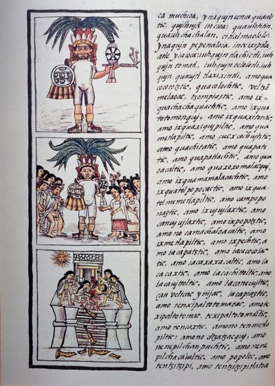 Festival of Toxcatl and his victim, Book II of Florentine Codex, Bilingual version in Spanish and Nahuatl, General History of the Things of New Spain (Historia general de las cosas de Nueva Espana), Aztec civilization by Benjamin Baud