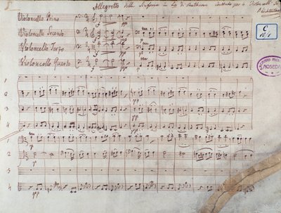 First Page of the Score for Four Cellos of Symphony No. 7 in A Major, Op. 92, by Ludwig van Beethoven by Unbekannter Künstler