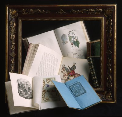 Frame in lacquered wood burgundy color and decorations with embossed motifs of gold, late 19th century. Various open books: anatomical atlas with hand coloured boards by Unbekannt