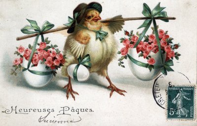 Greeting Card for Easter: a chick carrying eggs filled with roses by Unbekannt