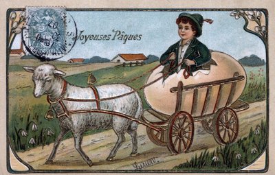Greeting Card for Easter: A Child Coming Out of an Egg Drives a Cart Pulled by a Lamb by William M. Timlin