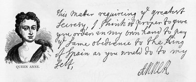 Handwriting and signature of Queen Anne from a letter instructing Sir George Rooke to give obedience to the King of Spain, January 20 by Unbekannt