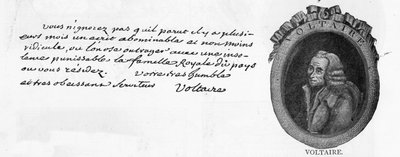 Handwriting and signature of Voltaire, from a letter written at Colmar to the French Minister at the court of Frederick the Great in Berlin, the Chevalier de la Touche, 3 March by Unbekannt