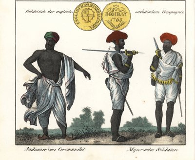 Indian costumes: a man from Coromandel coast and two soldiers from Mysore (or Maissour). With a gold coin from the East India Company. Lithography for the book: “Galerie complete en tableaux fideles des peuples d