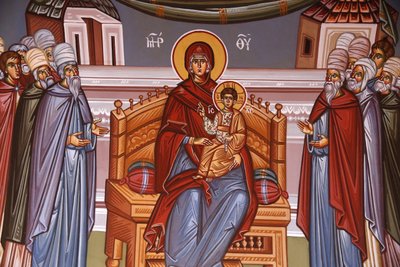 Kykkos Monastery, Cyprus: Fresco of Virgin and Child Surrounded by Orators, Pedoulas, Cyprus by Unbekannt