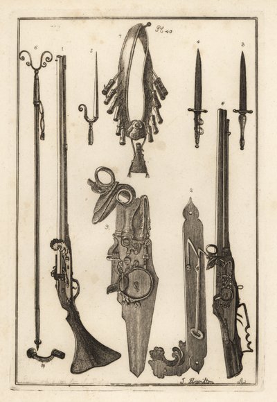 Matchlock musket, lock and bayonet from the Tower of London, bayonet, musket rest and bayonet, musket rest, bandileers and powder flask, wheel lock, and spanner by Unbekannt