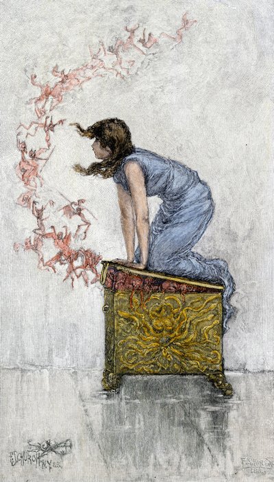 Pandora opens the box and frees demons (Coloured engraving of the 19th century) by Unbekannter Künstler