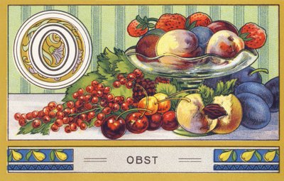 O: Fruit - Alphabet Palmin. Series of chromolithographs published by H. Schlinck & Co, Hamburg. Advertisement for Palmin finest coconut fat. Dimensions: 7 x 11 cm by William M. Timlin