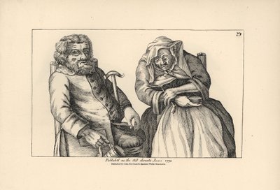 Old Darby with empty tankard and Joan with her tobacco pipe. Copperplate engraving after a satirical illustration by Timothy Bobbin (John Collier) from Human Passions Delineated, John Haywood, Manchester by Unbekannter Künstler