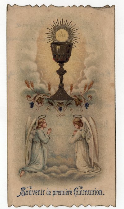 Pious image: two angels pray before a chalice from where a host comes out with the JHS christogram by Unbekannt