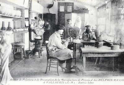 Postcard depicting artisans at work making Delphin Massier art pottery in Vallauris by Benjamin Baud