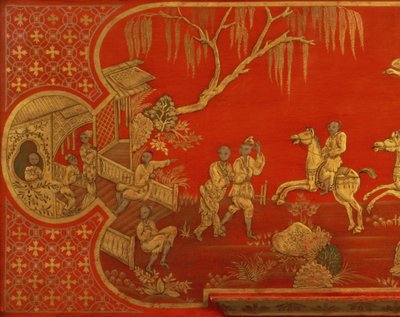 Queen Anne Japanned Bureau Cabinet, Showing a Detail of Desk Lid with Figures in Gilt and Black on Scarlet, Possibly by John Belchier of St. Paul