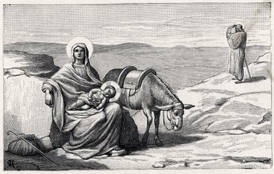 Rest During the Flight to Egypt. Alphabet of the Child Jesus. Edition of 1932. Woodcarvings Signed H G. Private Collection by Unbekannt