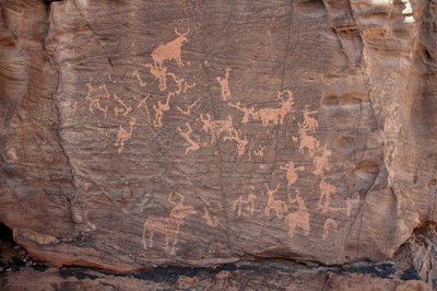 Rock Art, Prehistory: Engraving of Cattle, Ostriches, and Characters in the Uweinat Massif, Sudan (8000 to 3000 BC) by Unbekannt