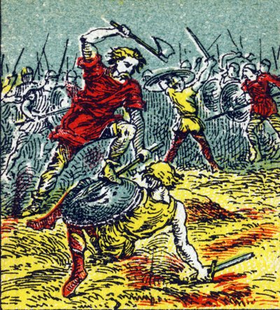 The Battle of Vouille in which Clovis I defeated the Visigoths in 507. Engraving in "Histoire de France". Series of advertising images published on behalf of Louit, circa 1920. by Unbekannt