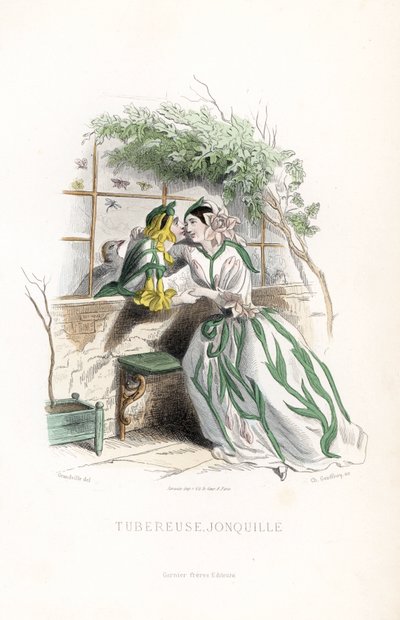The tuber fairy and an elf daffodil are courted on a garden bench, next to a wall - Etching by Charles Geoffroy, based on an illustration by Jean Ignace Isidore Gerard for Les fleurs animees by Unbekannter Künstler