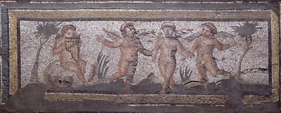 Three Dancing Putti Accompanied by One Playing the Pan Pipes, Border Detail from a Mosaic Pavement Depicting the Seasons and Hunting Scenes from the Constantinian Villa at Daphne, Roman, c.325-330 AD by Unbekannt