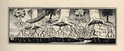 Trees uprooted by a storm replant their roots to the exact location where they were. Illustration by William Strang and JB Clark from 