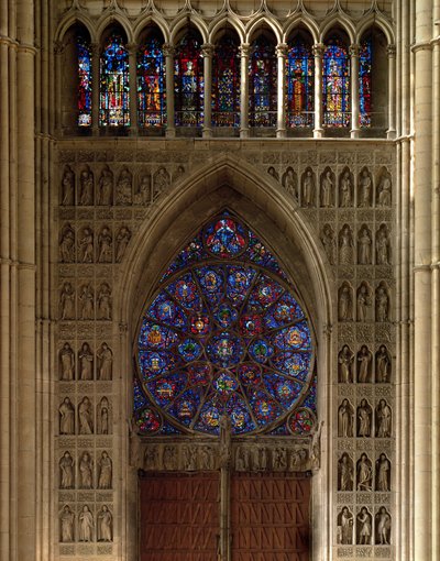 View Looking West from the Nave, Rose Window Designed by Bernard de Soissons, with Surrounding Statues by Unbekannt