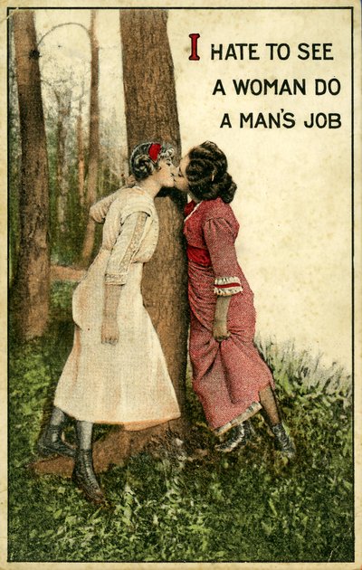 Vintage postcard showing two women kissing, "I hate to see a woman do a man