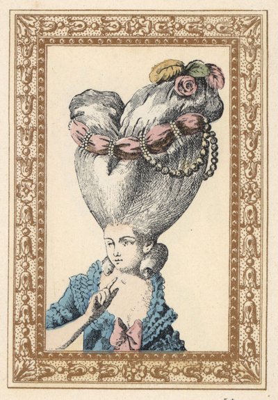Woman with her hair combed up over a pouf (support) and decorated with flowers, pearls and a sash, called the Flea by Unbekannter Künstler