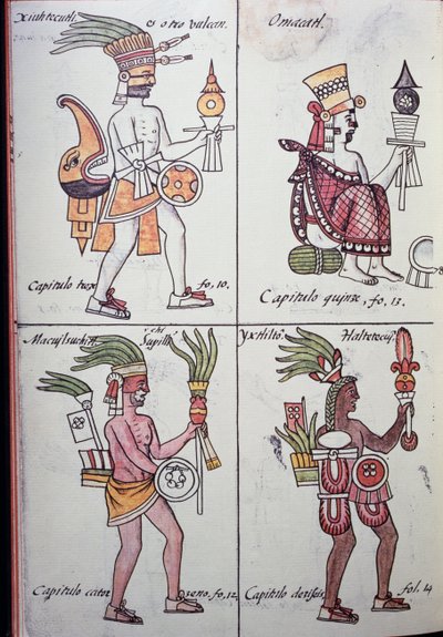 Xiuhtecuhtli, Omacatl, Macuilxochitl, Ixtlilton, Page from Florentine Codex, Version in Spanish and Nahuatl, General History of the Things of New Spain (Historia general de las cosas de Nueva Espana) by Benjamin Baud