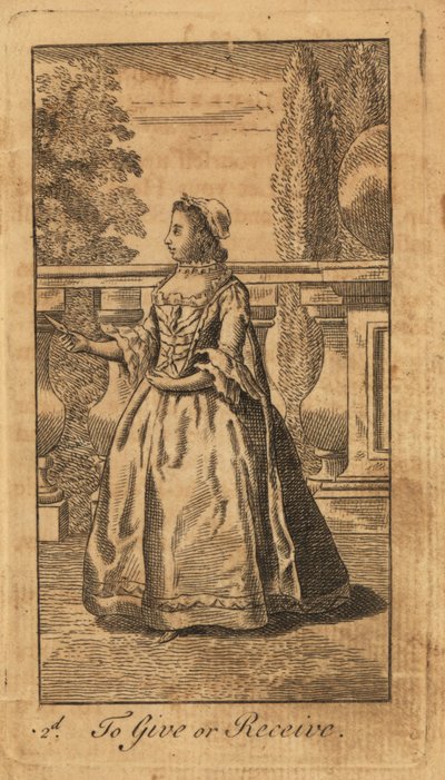 Young lady giving or receiving a fan in a park by Unbekannt