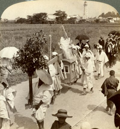 Funeral procession of a rich Buddhist, on the road to Sakai, looking towards Osaka, Japan by Underwood and Underwood