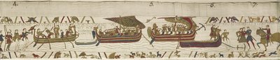 Harold crosses the Channel into the territory of Guy, Count of Ponthieu, where he is captured, Bayeux Tapestry by Unknown
