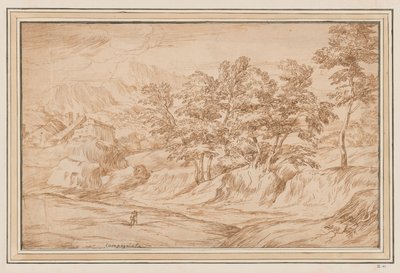 Mountainous Landscape with Houses at Left and Trees at Right by Unknown