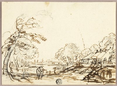 Two Figures along River near Bridges and Houses; Two Figures on Bridge Looking at Man in Punt by Unknown