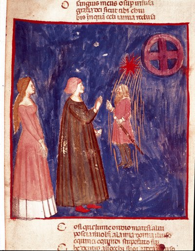 5th heaven: Dante and Beatrice meet Lord Cacciaguida in the celestial sphere of the souls of the fighters. Illuminated page illustrating a song of Paradise from the 