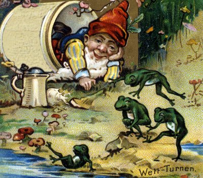A dwarf or farfadet playing with frogs by Unknown artist