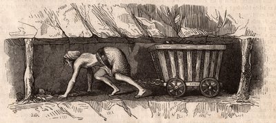A girl chained to a trolley full of coal and dragging it in an English coal mine by Unknown