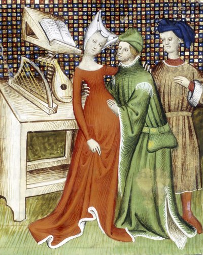 A Man is Holding a Woman (Pregnant?) in His Arms and with His Hand Resting on His Rounded Stomach. Another Character is Watching the Scene. Behind Them a Score is Placed on a Desk with a Lute and a Harp. 15th Century Miniature by Unknown artist