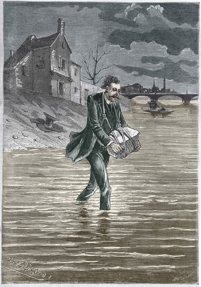 A man who kills himself by throwing himself into the water, a stone around his neck, to drown himself - engraving by Unknown artist