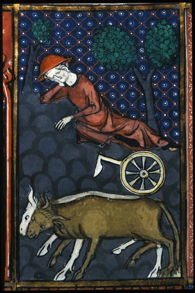 A peasant resting, next to him oxen and a miniature plow of the 14th century by Unknown artist