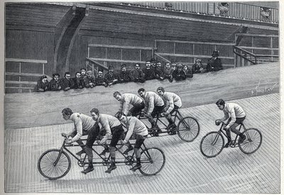A Recordman Cyclist with His Trainers on Triplet Trains on a Bike Track. Engraving in 