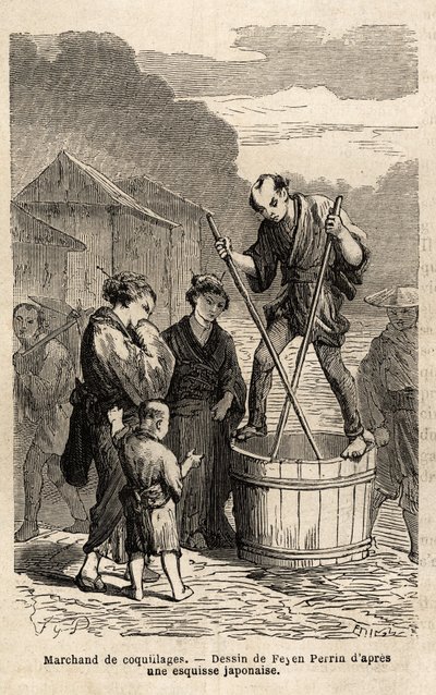 A Shell Merchant in the Middle of the Street Rises in Balance on the Barrel Containing His Goods, Which He Tows with Two Long Chopsticks. Engraving to Illustrate the Voyage to Japan, in 1863-1864, by Aime Humbert, Minister of the Swiss Confederation, in Le by Unknown artist