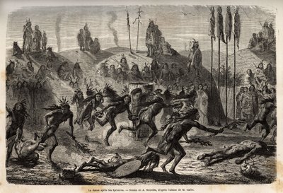 After the ceremony of self-giving to the Great Spirit, the young warriors embrace a frenetic and outflow dance, the weakest are trailing on the ground, among the Mandans Indians (or noumah ka kie: pheasants), on the left bank of Missouri. Engraving to illu by Unknown artist