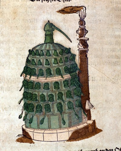 Alchemy: the Athanor oven, engraving from a book by Pietro Andrea Mattioli by Unknown artist